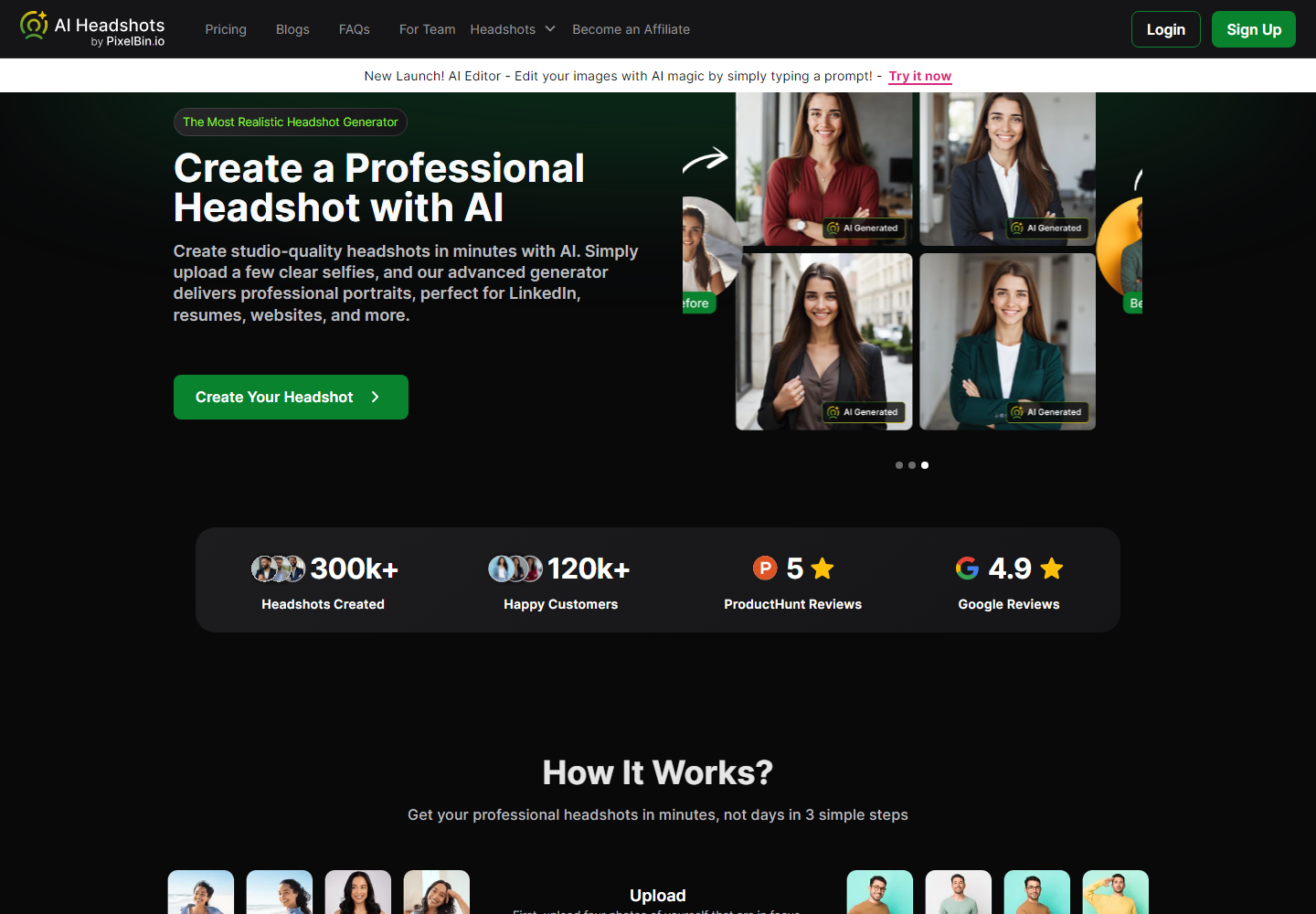 Generate Professional Headshots homepage