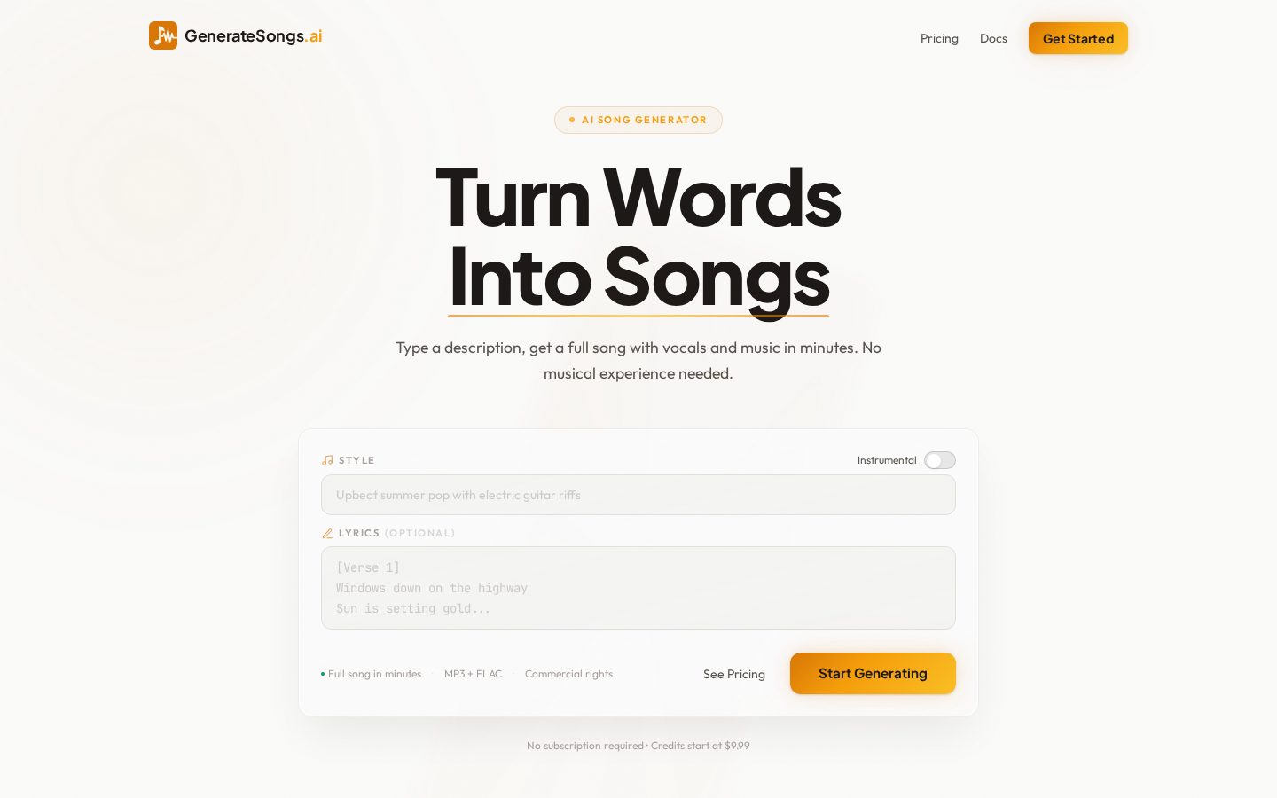 GenerateSongs.ai Homepage