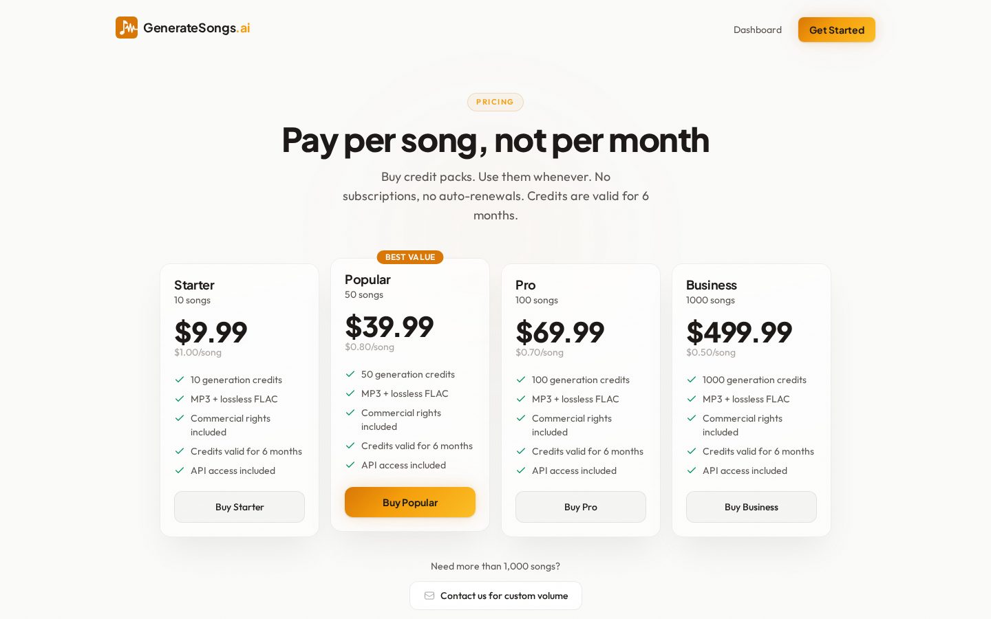GenerateSongs.ai Pricing