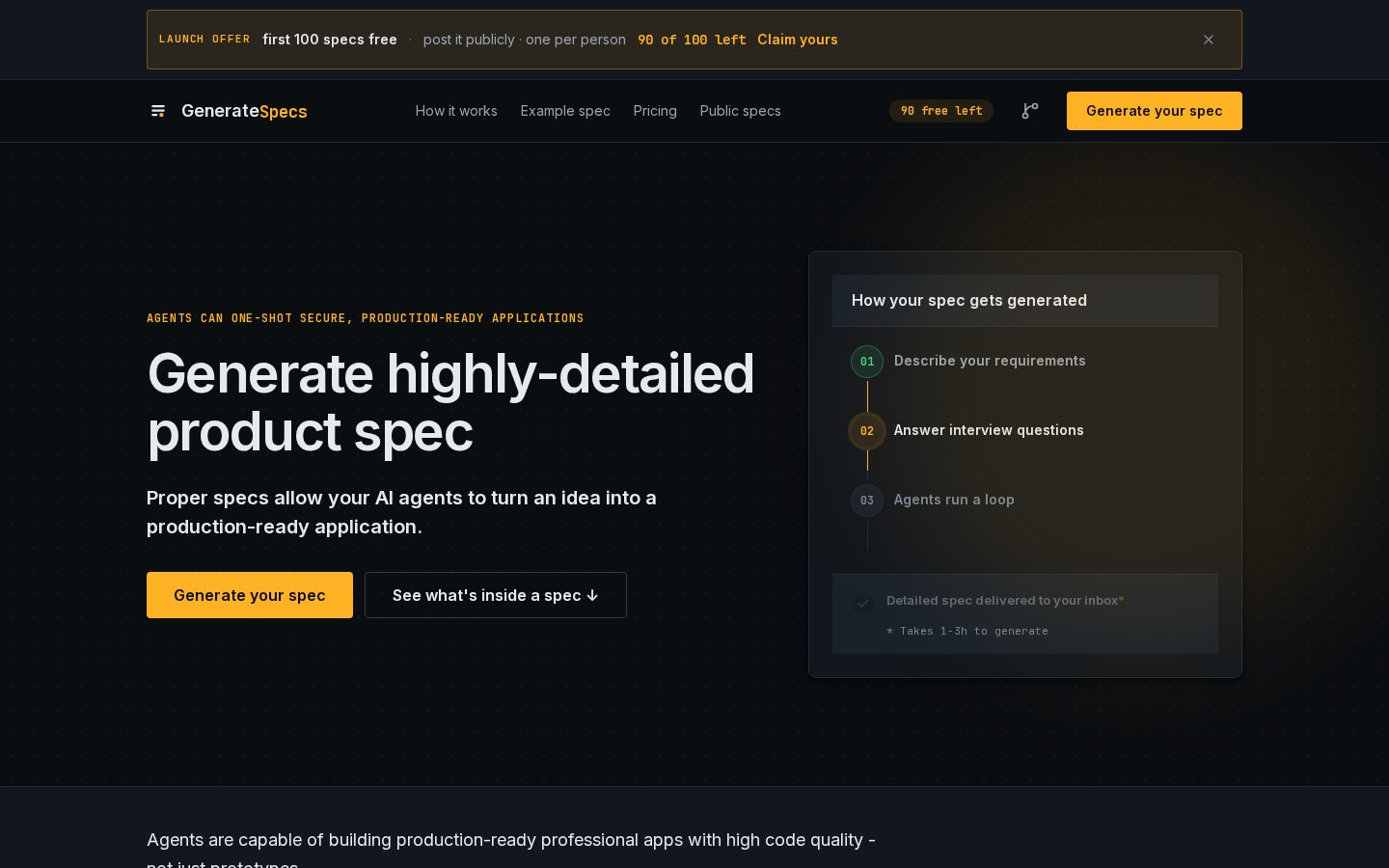 GenerateSpecs Homepage