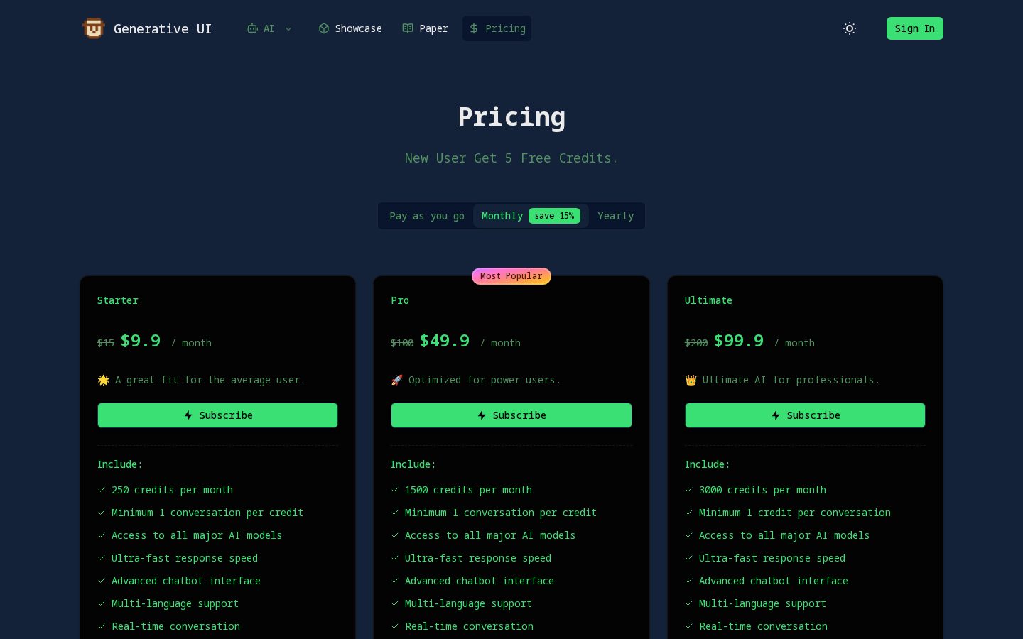 Generative UI Pricing
