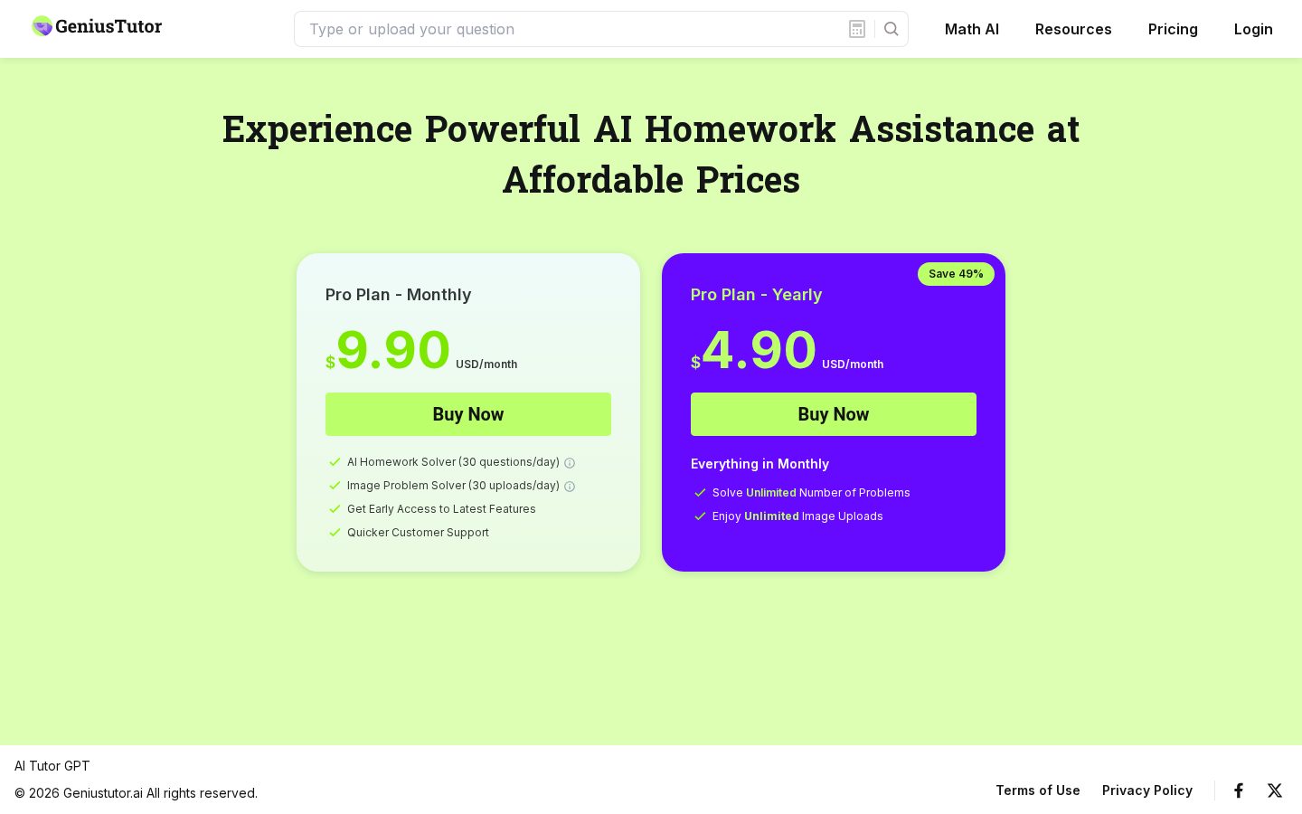 GeniusTutor Pricing