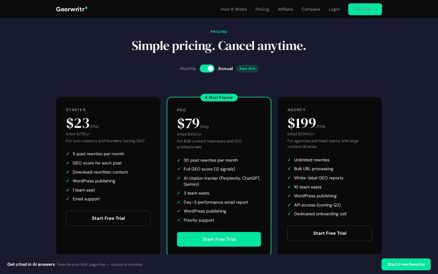 Georwritr Pricing