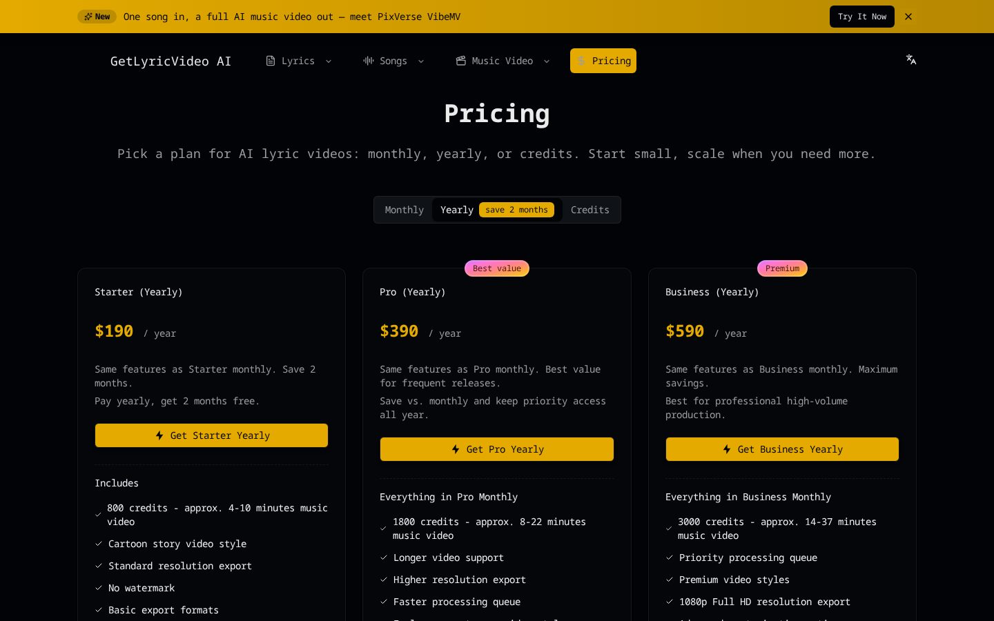 GetLyricVideo AI Pricing