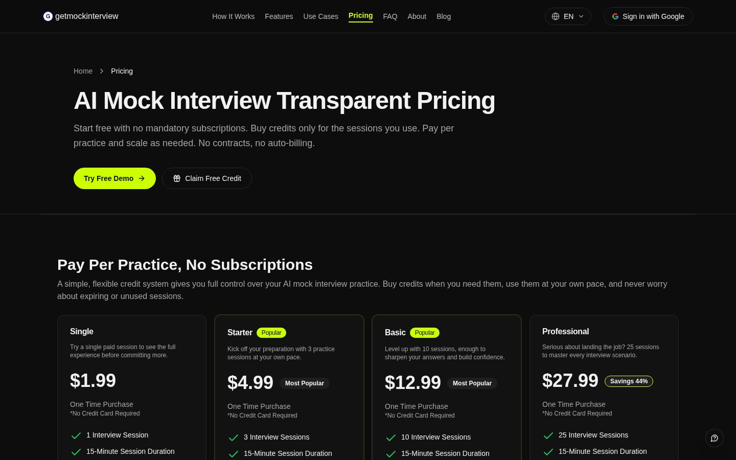 GetMockInterview Pricing