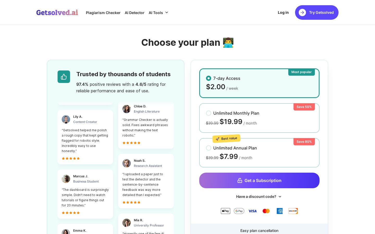Getsolved AI Grammar Checker Pricing