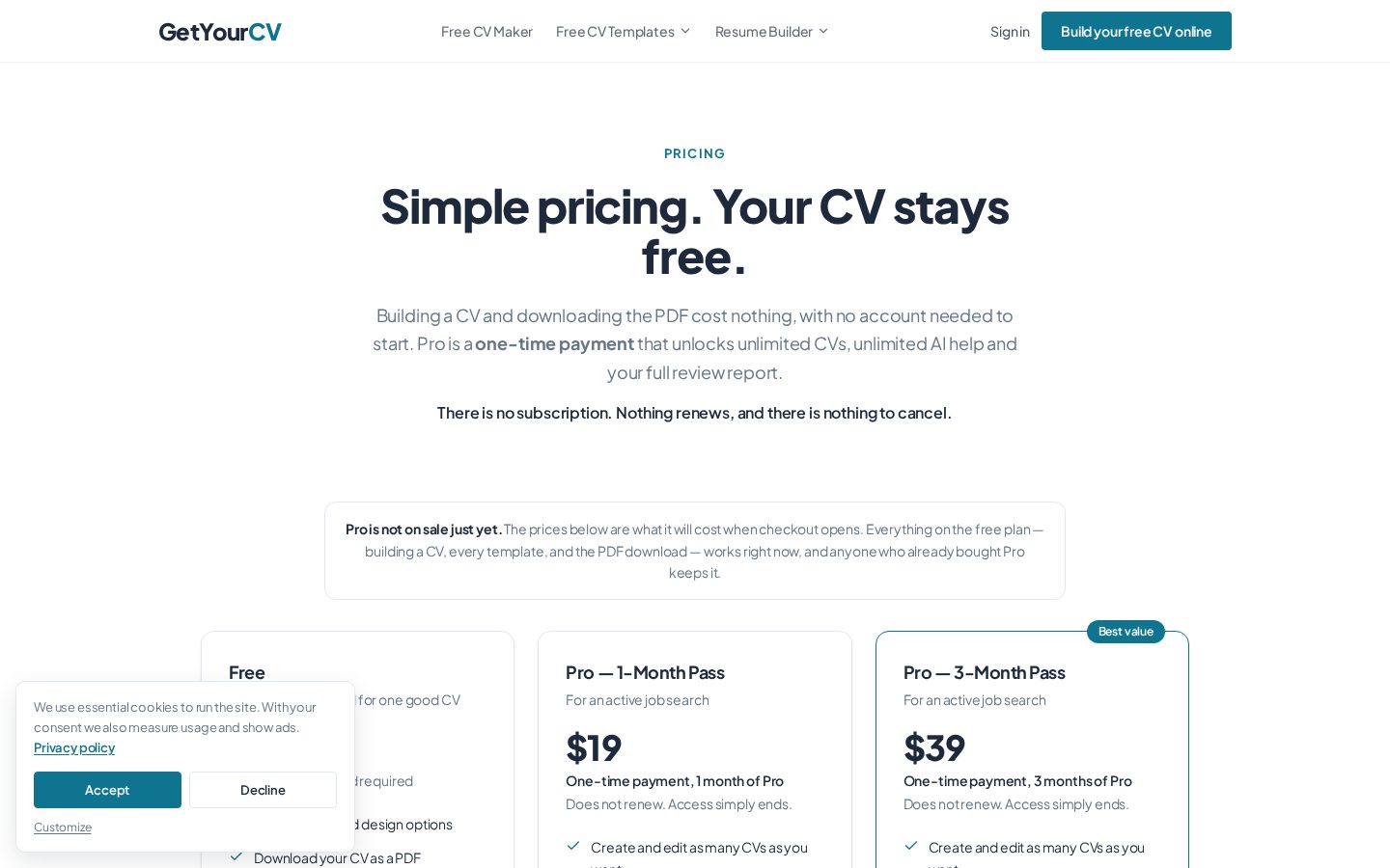 GetYourCV Pricing