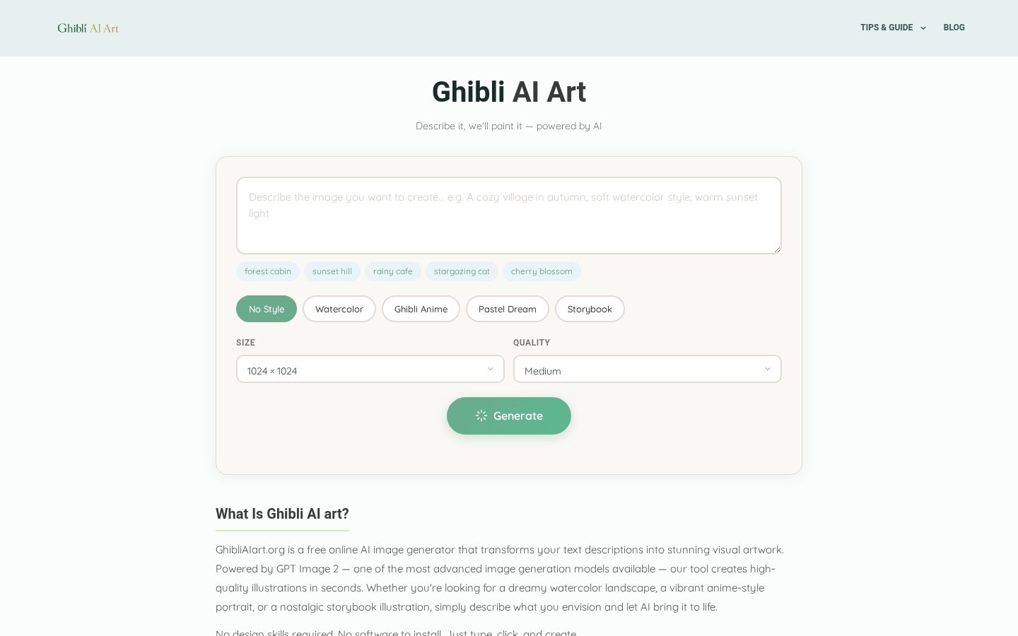 Ghibli AI Art Homepage