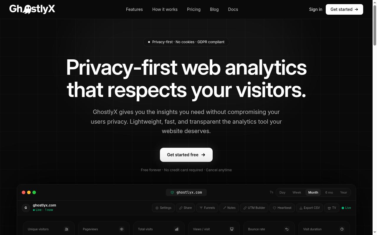 GhostlyX Privacy-First Web Analytics Homepage