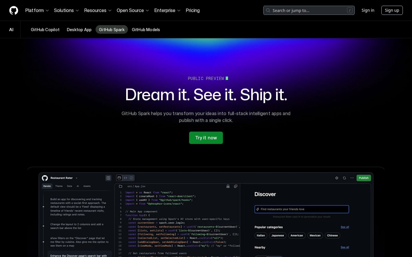 GitHub Spark AI App Builder Homepage