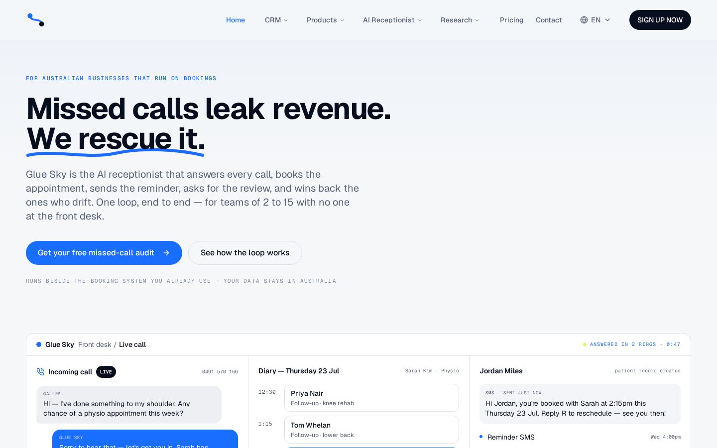 Glue Sky AI CRM Homepage