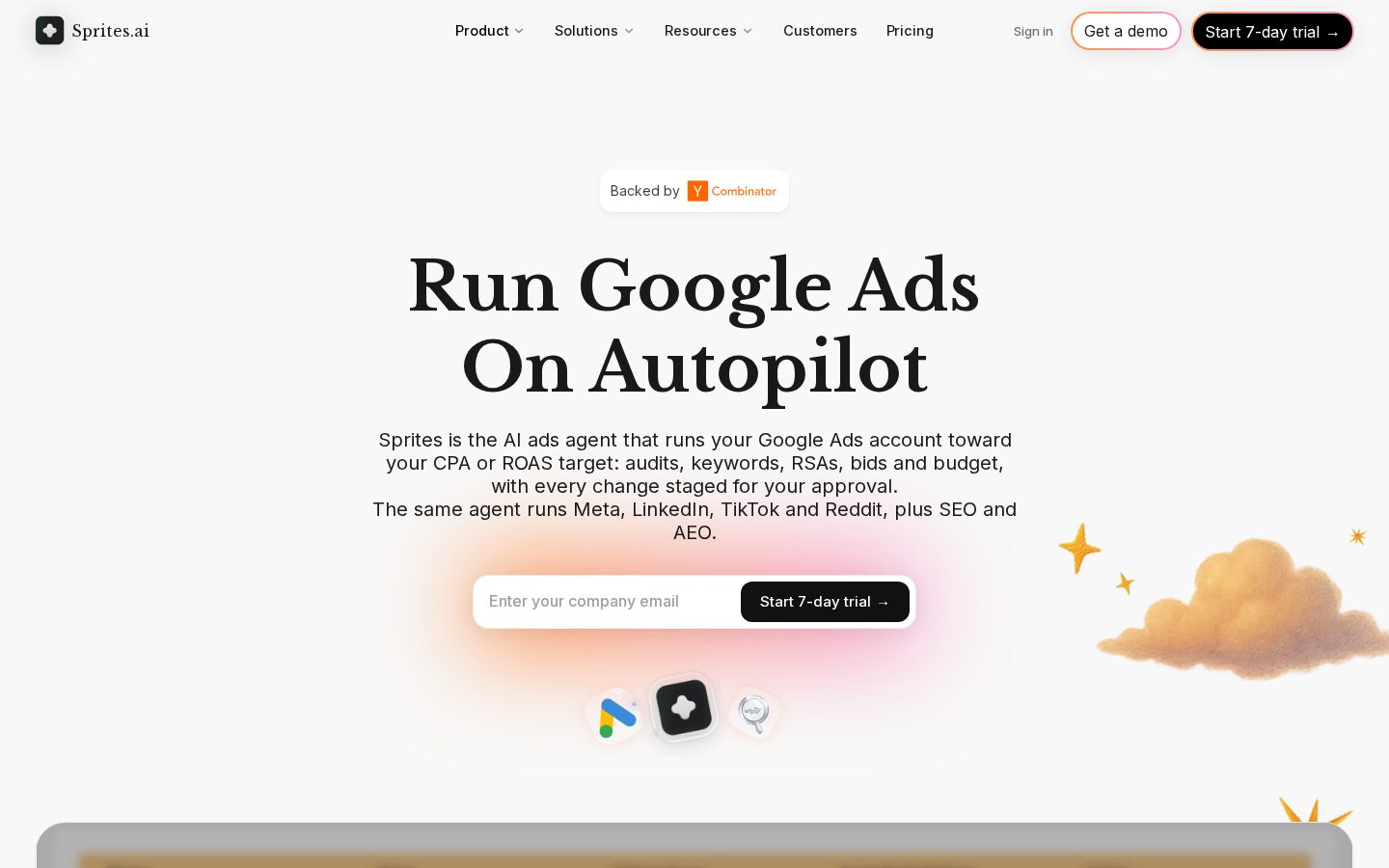 Google Ads AI Agent by Sprites Homepage