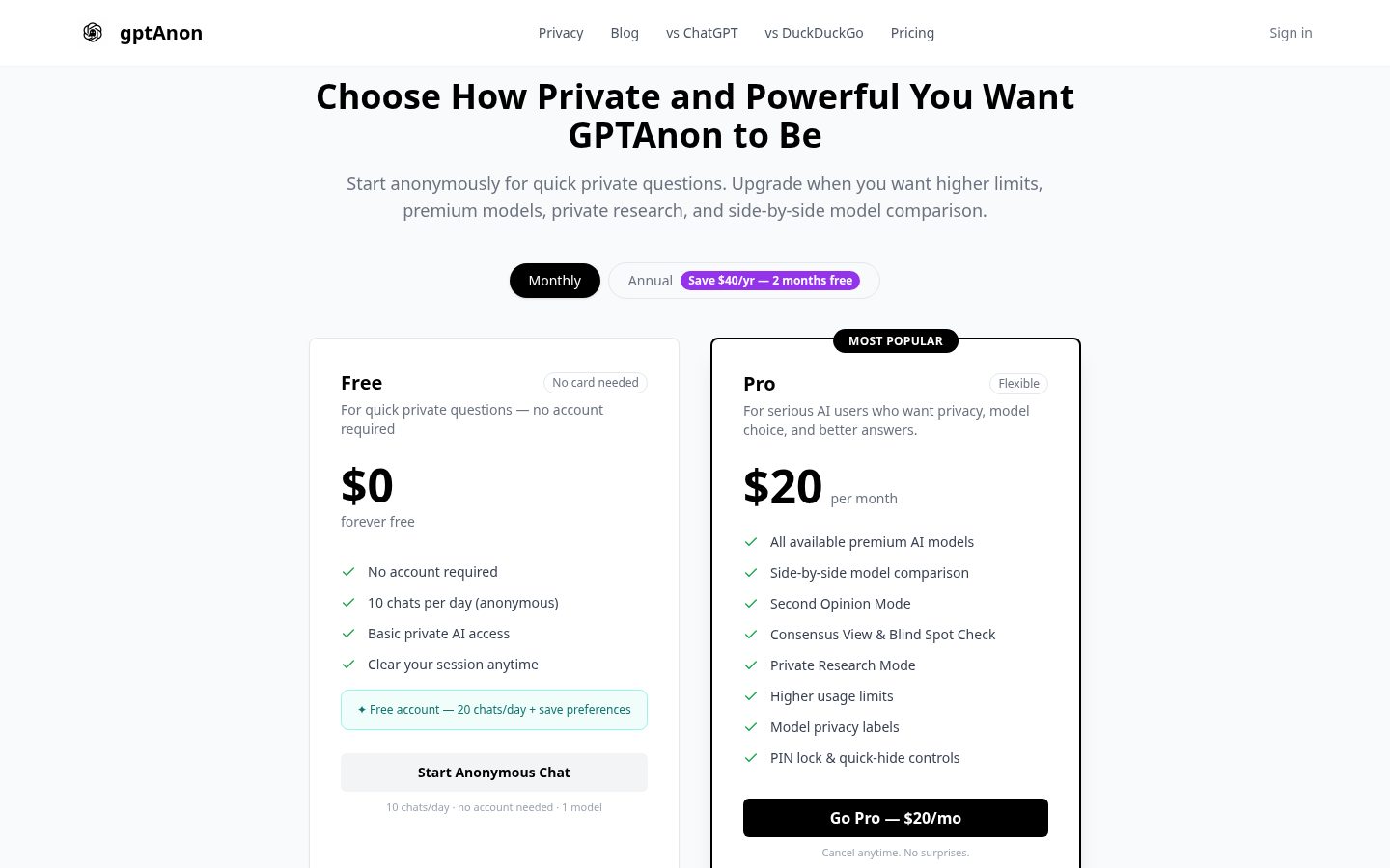 GPTAnon Pricing