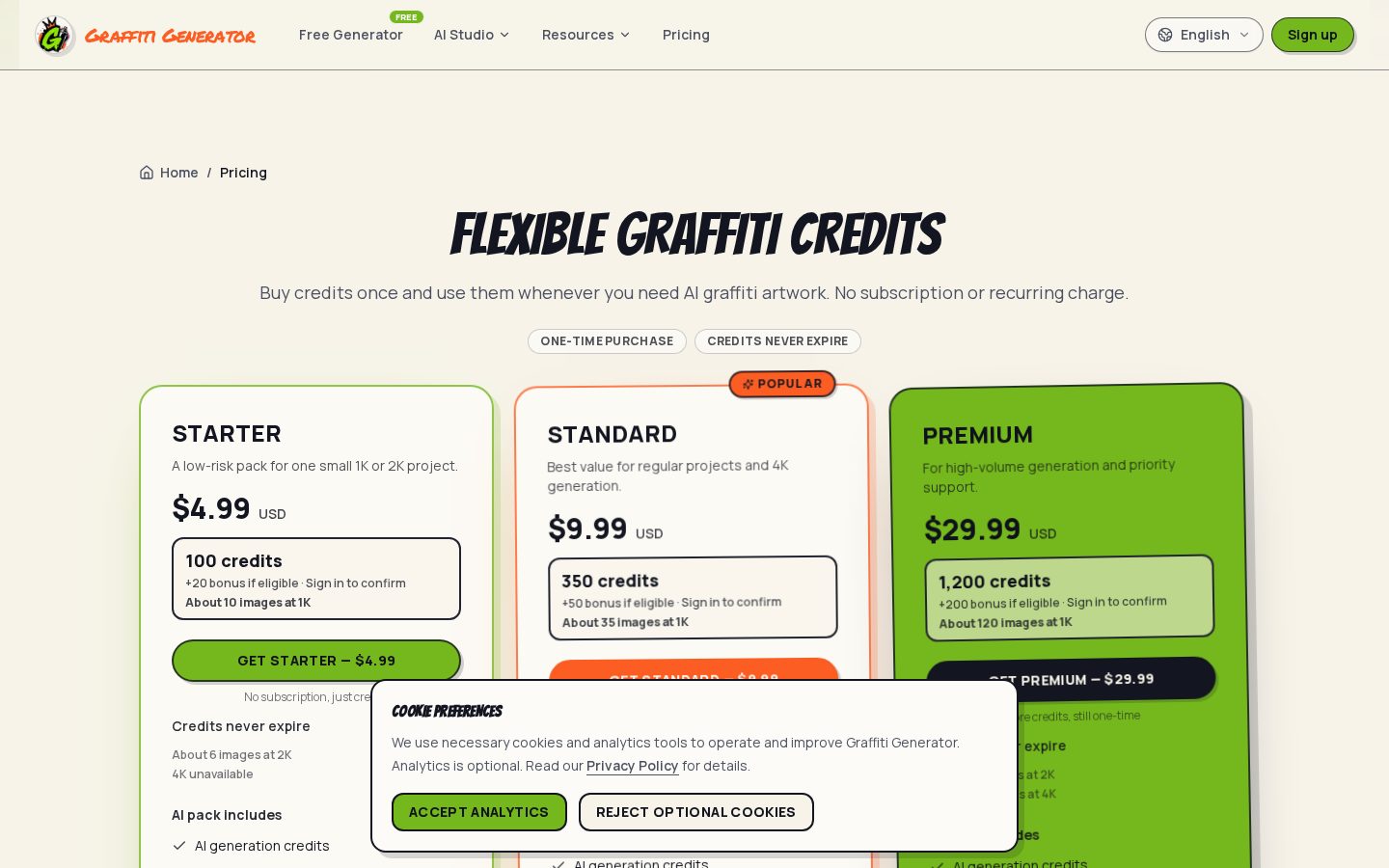 Graffiti Generator Pricing