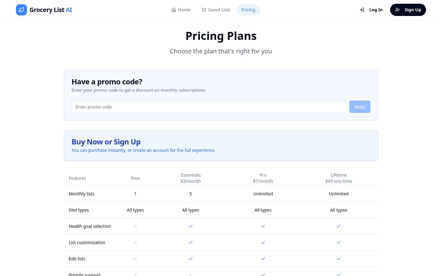 Grocery List AI Pricing