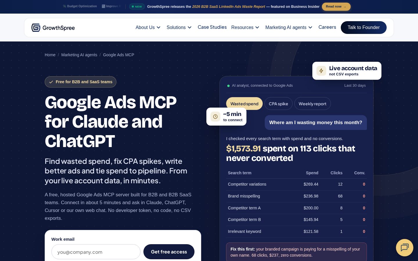 GrowthSpree Google Ads MCP Homepage