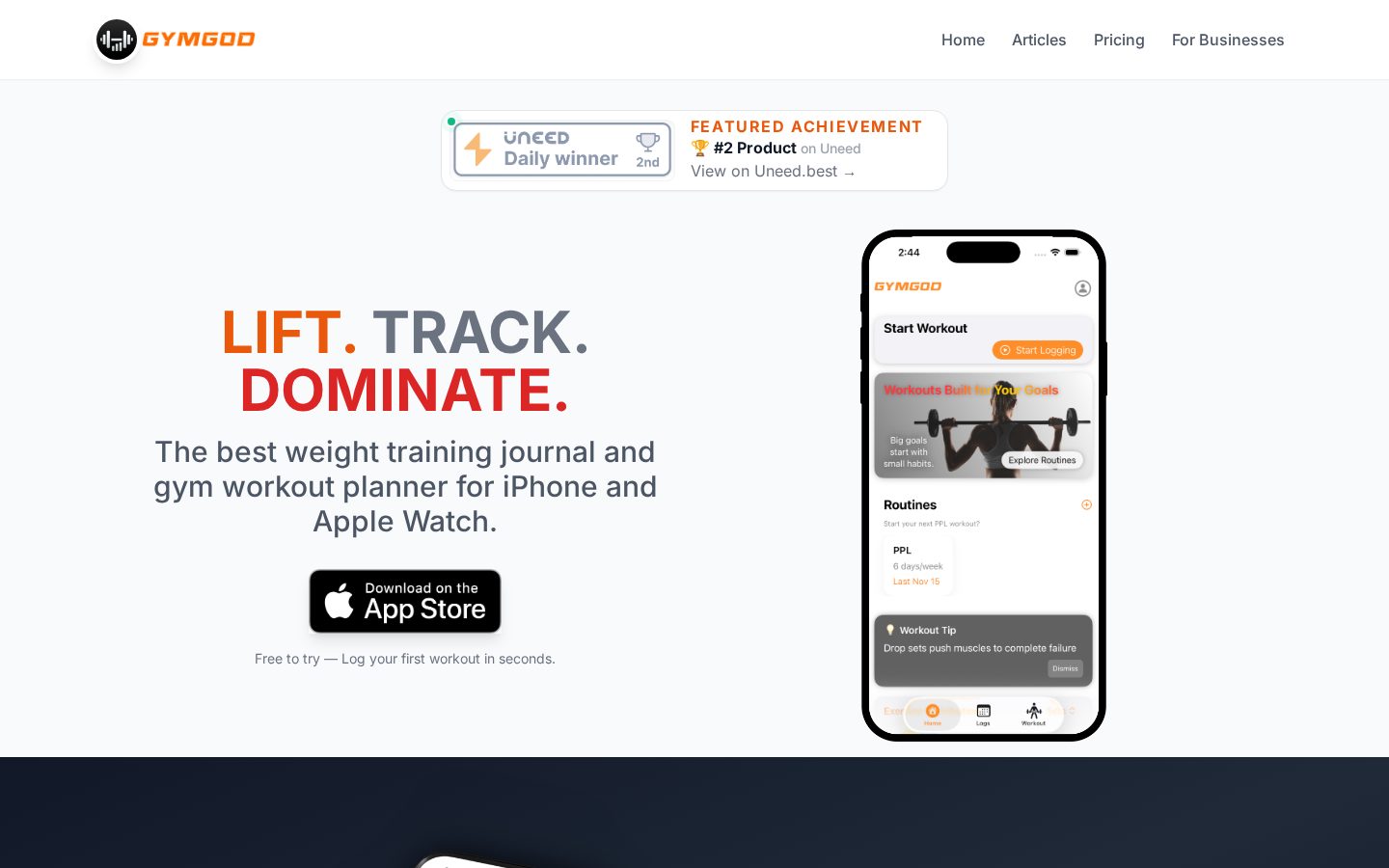 GymGod Weightlifting Tracker Homepage
