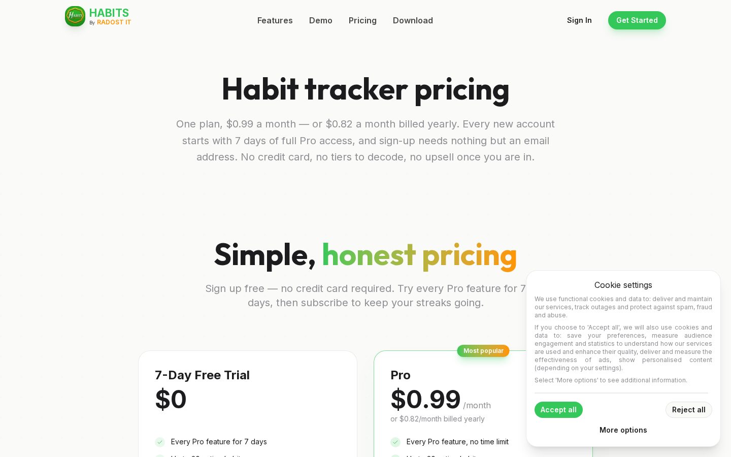Habits by Radost IT Pricing