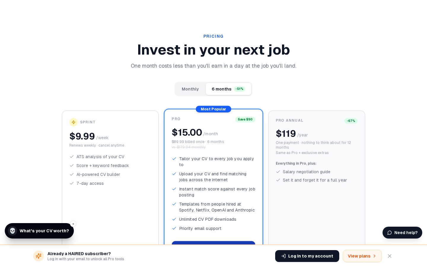 Haired App Pricing