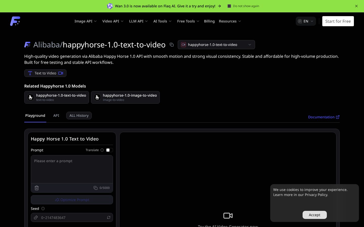 Happy Horse 10 Video AI API Homepage