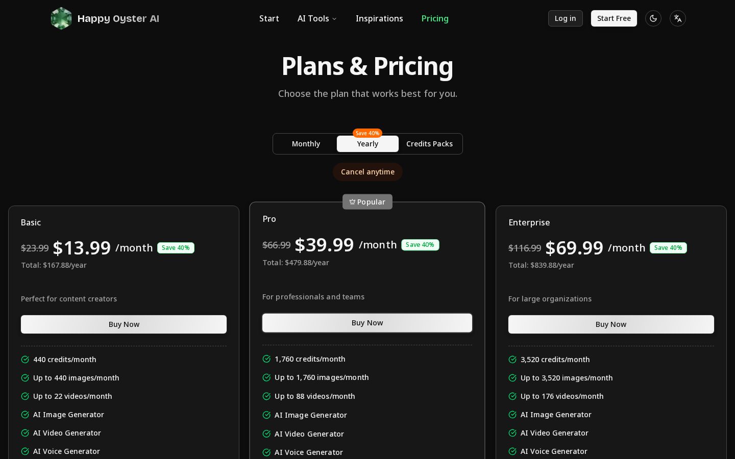 Happy Oyster AI Pricing