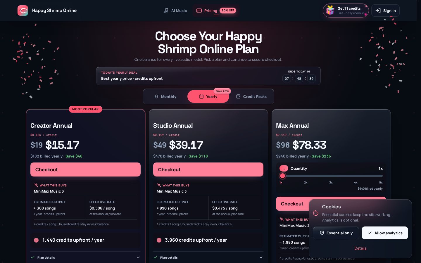 happy shrimp ai Pricing