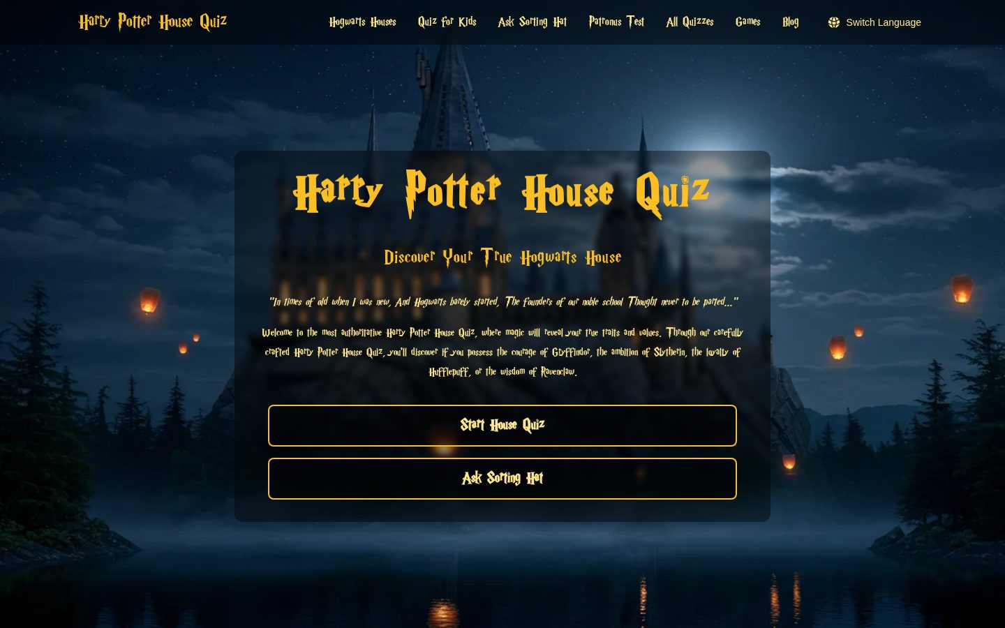 Harry Potter House Quiz Homepage
