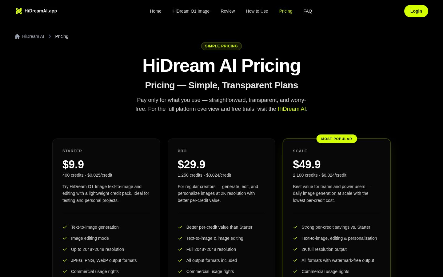 Hidream AI Pricing