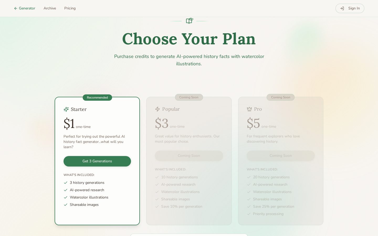 HistoryFactGenerator.xyz Pricing