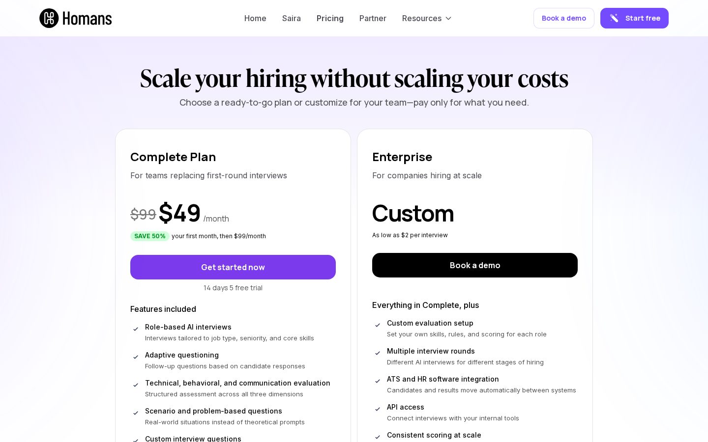 Homans Pricing