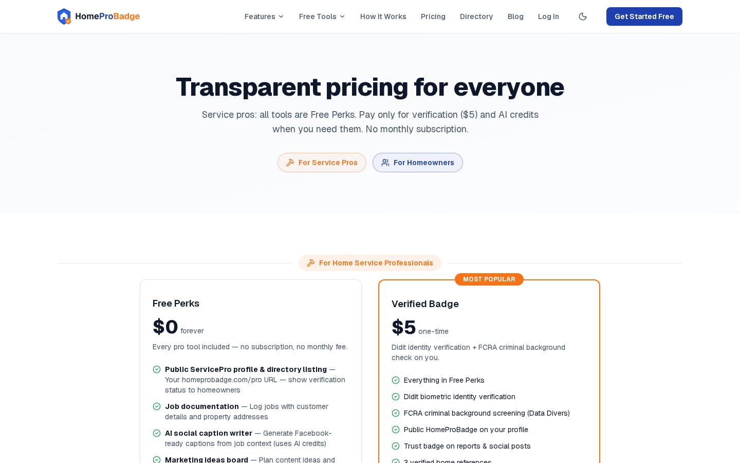 HomeProBadge Pricing