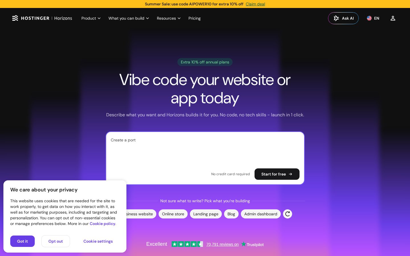Hostinger Horizons with eCommerce Homepage
