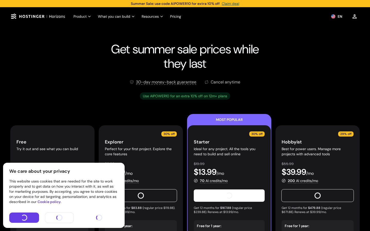 Hostinger Horizons with eCommerce Pricing