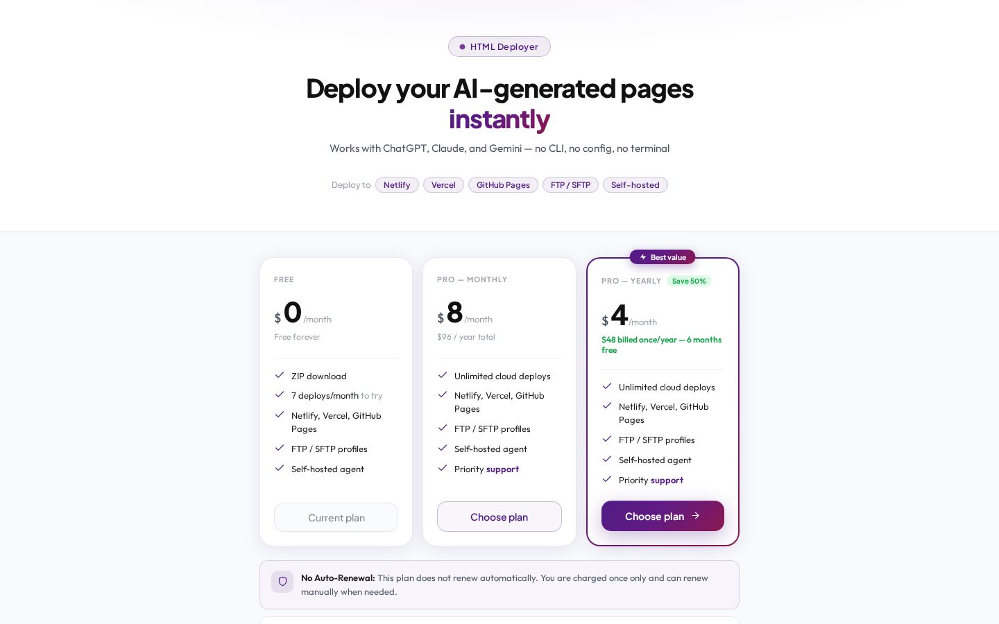 HTML Deployer Pricing