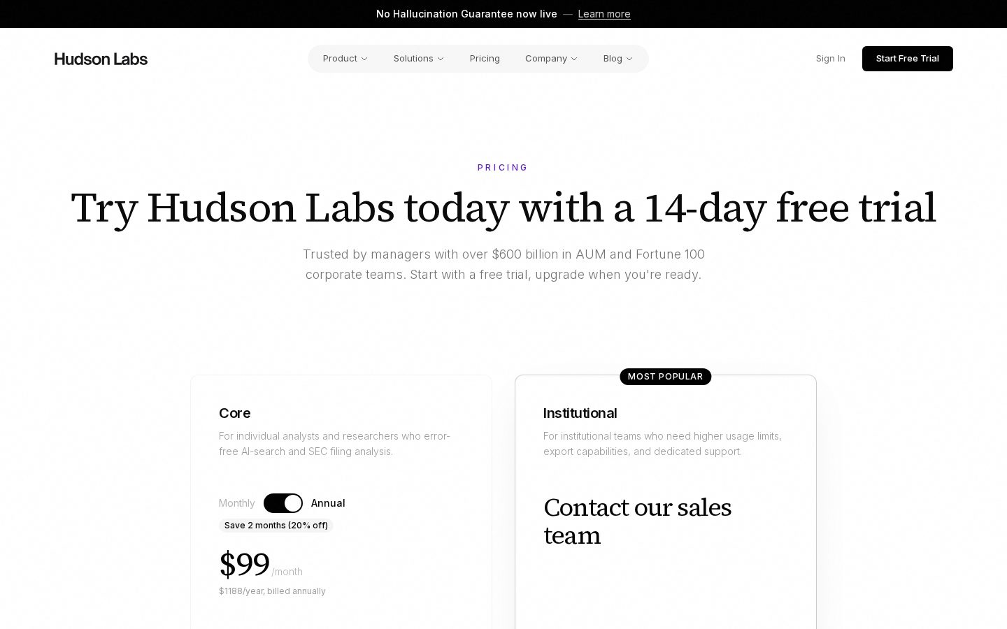 Hudson Labs Pricing