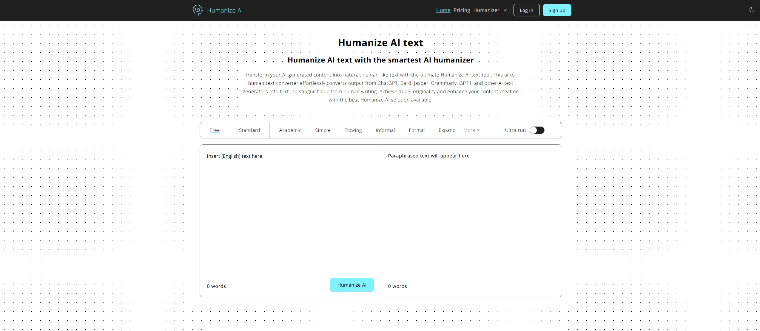 Product homepage for Humanize AI Pro: Humanize AI text with #1 AI humanizer, for free. Easily convert AI-generated text into human-like content.