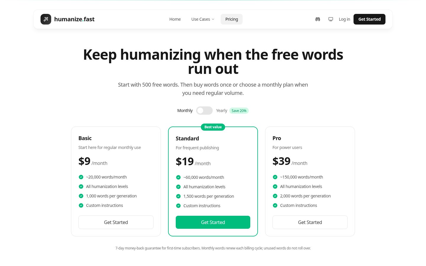 humanize.fast Pricing