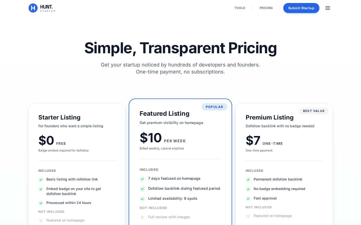 Hunt Startup Pricing