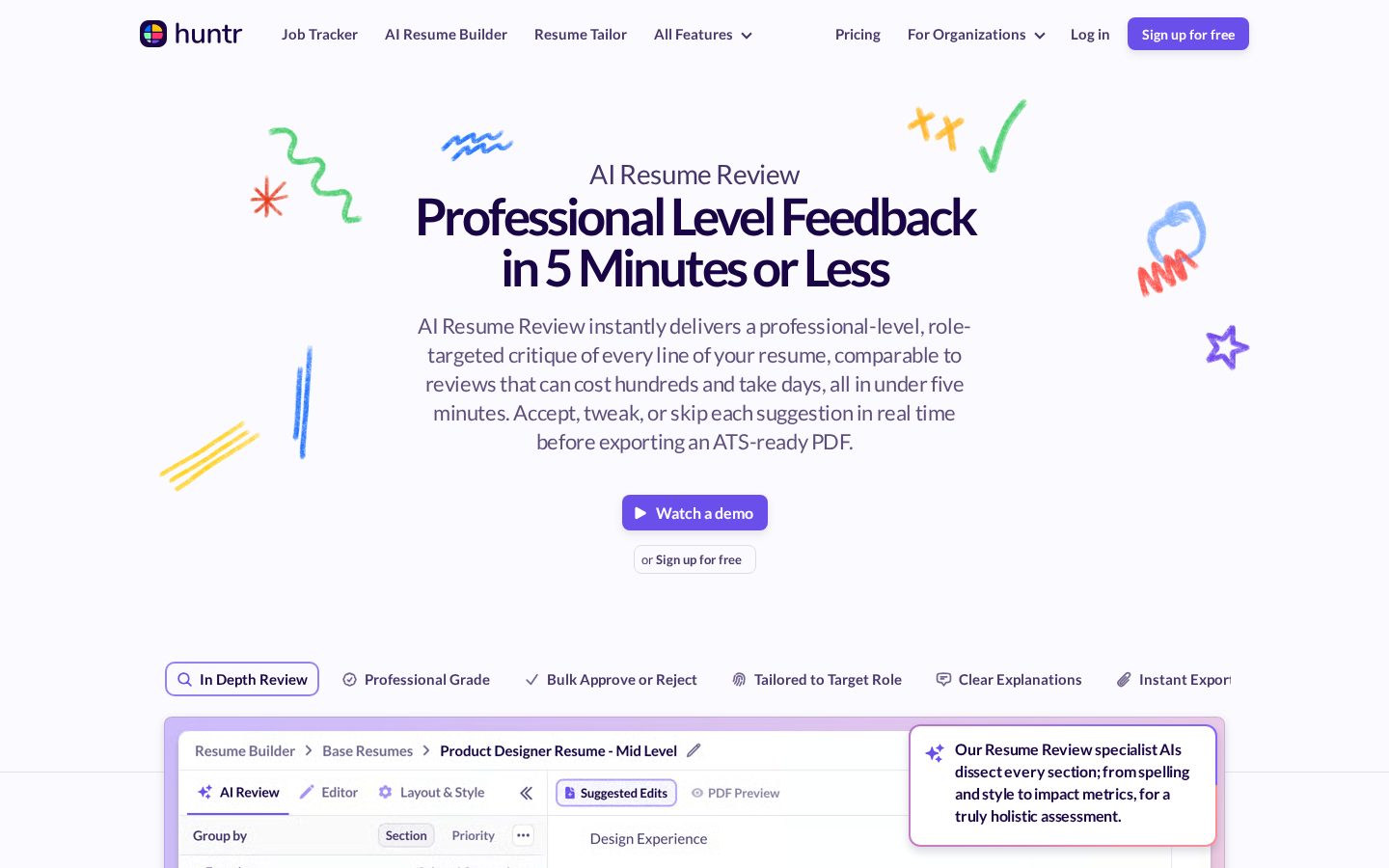 Huntr AI Resume Review & Tailor Homepage