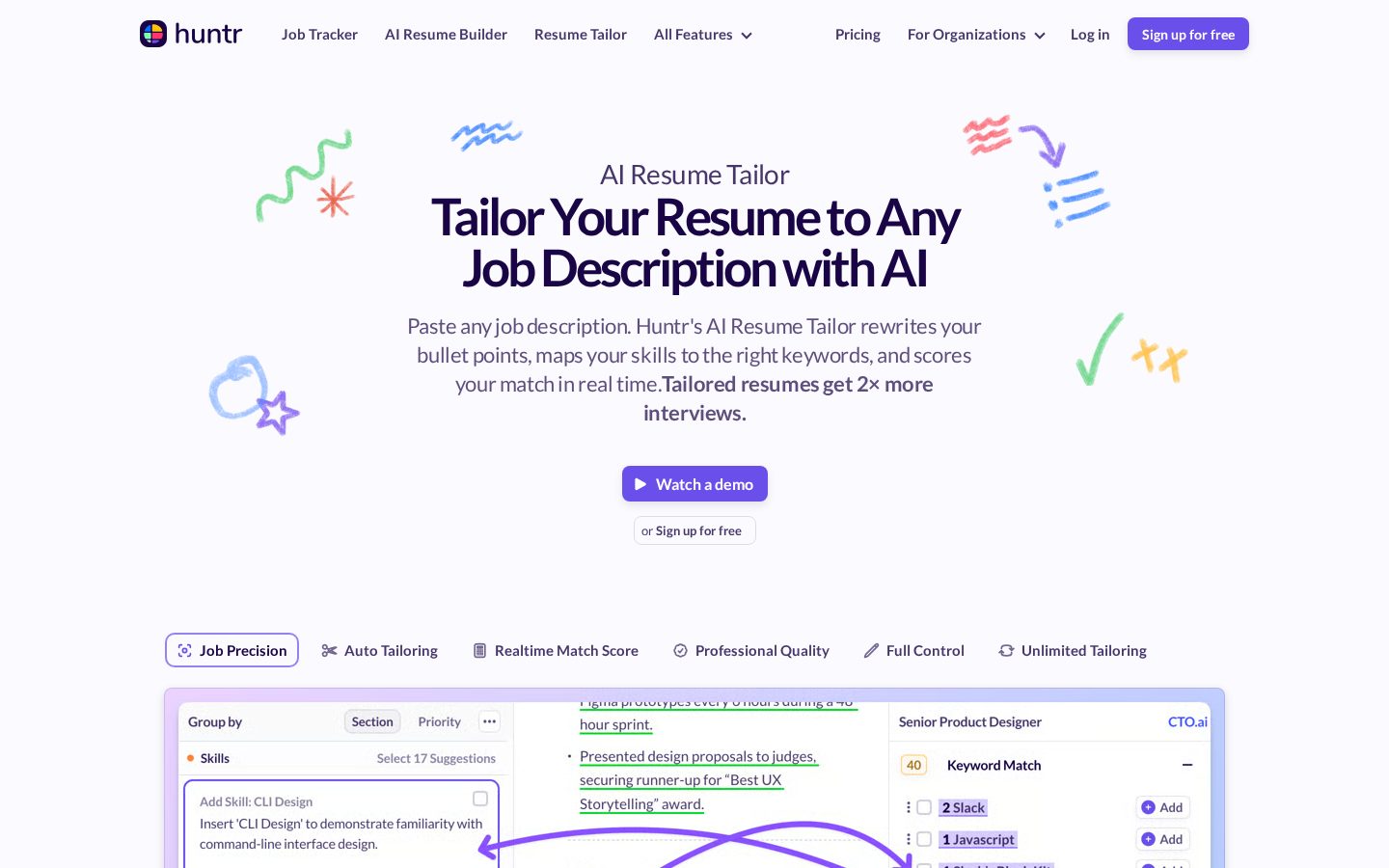 Huntr AI Resume Tailor Homepage