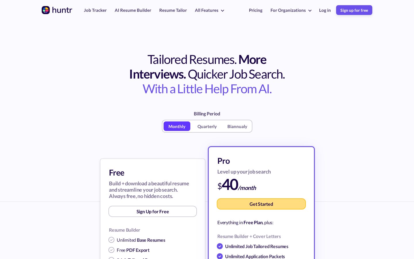 Huntr AI Resume Tailor Pricing