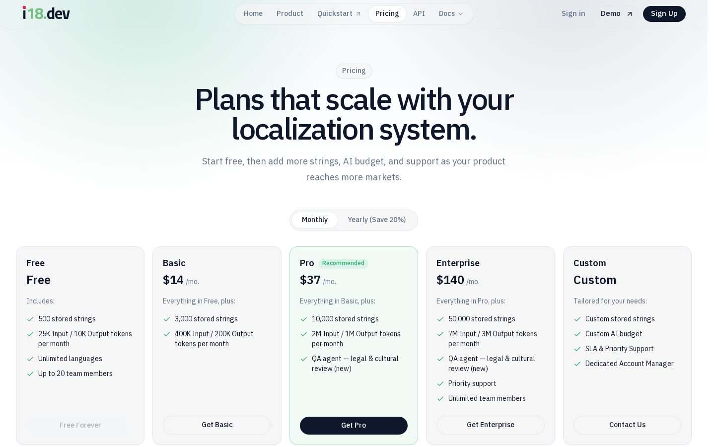 i18.dev Localization Platform Pricing