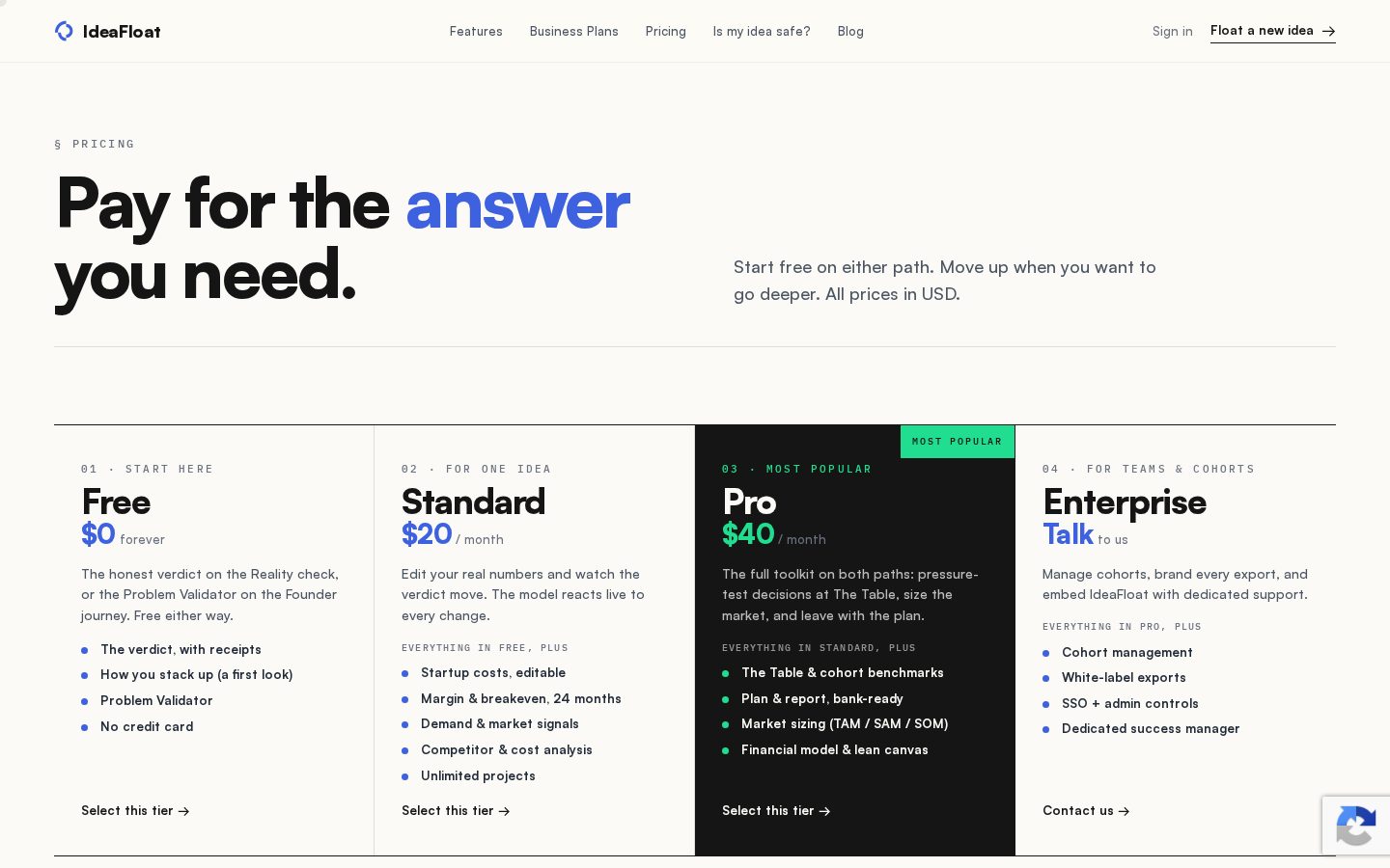 IdeaFloat Pricing