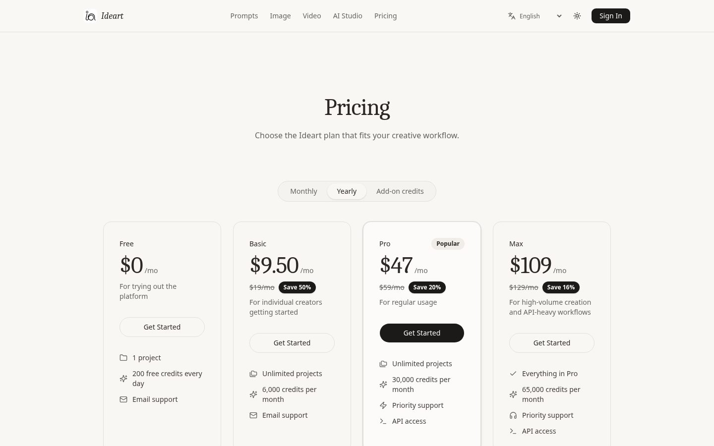 Ideart AI Pricing