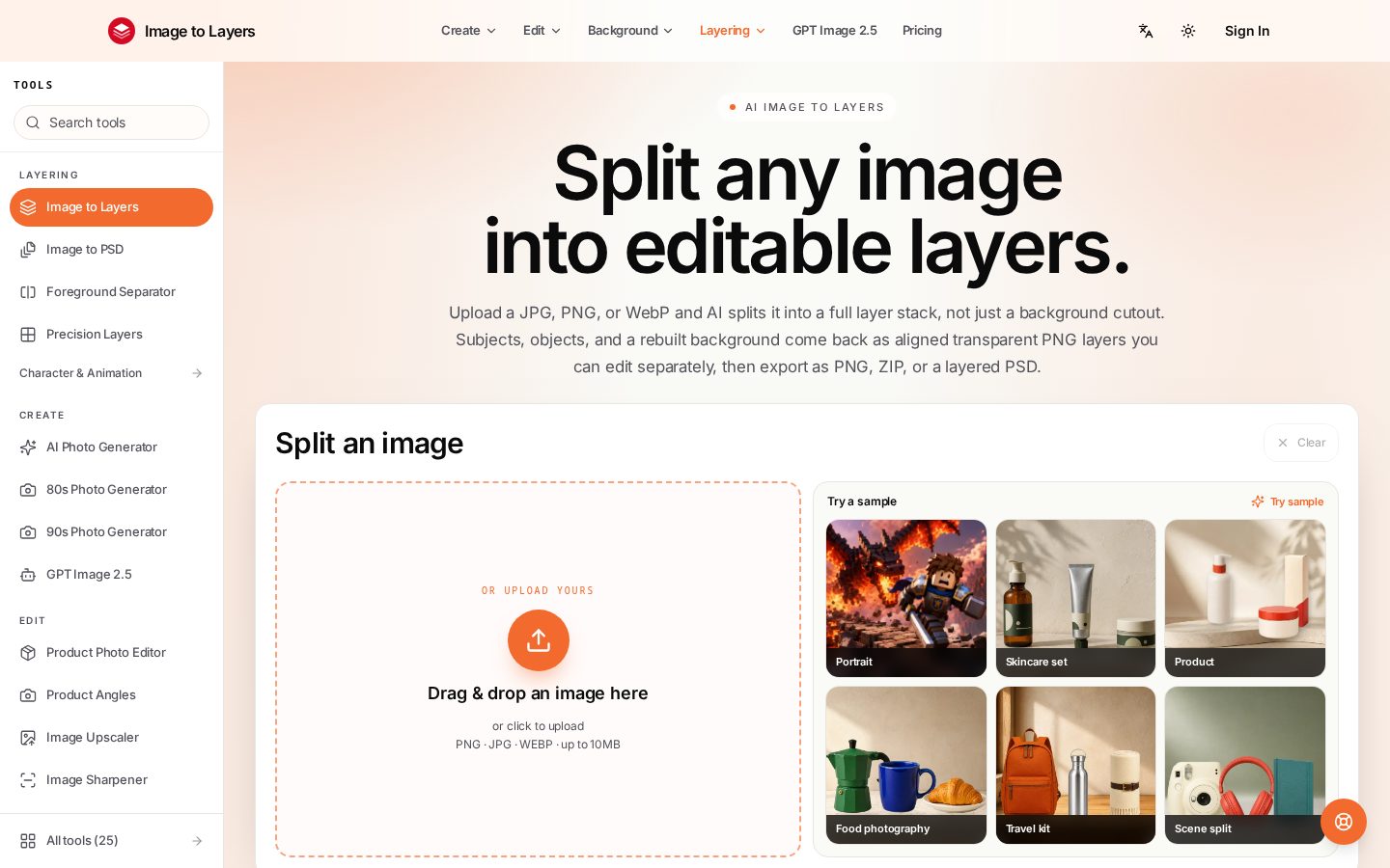 Image to Layers AI Homepage