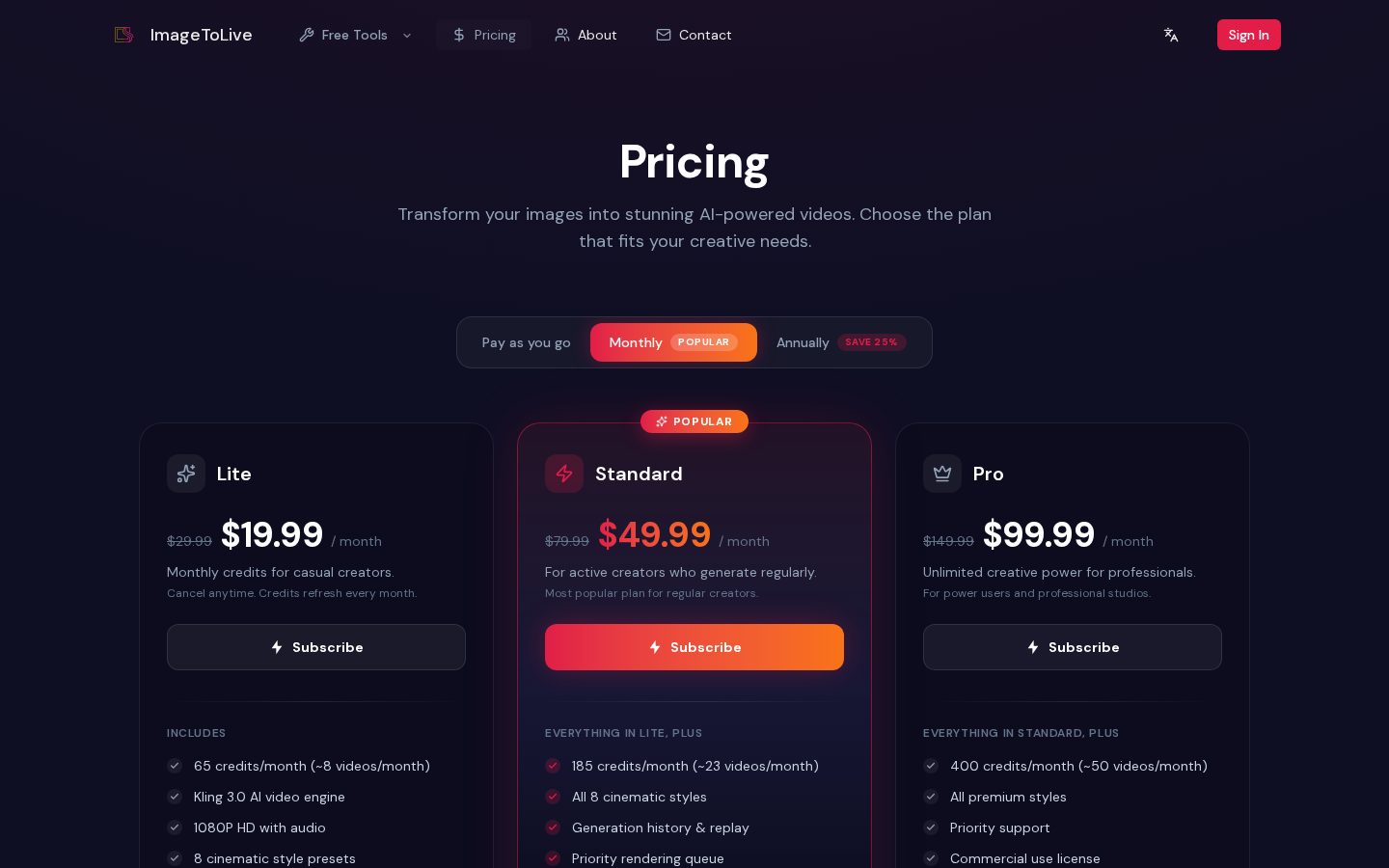 Image to Live — AI Photo Animator Pricing