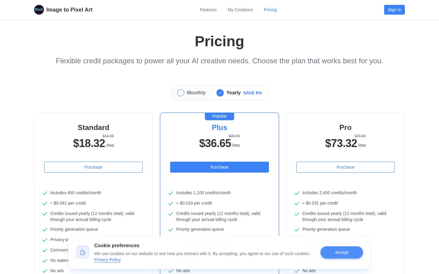 Image to Pixel Art Pricing