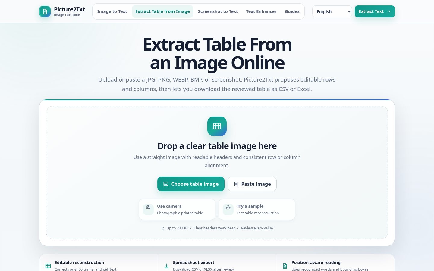 Image to Table Extractor Homepage
