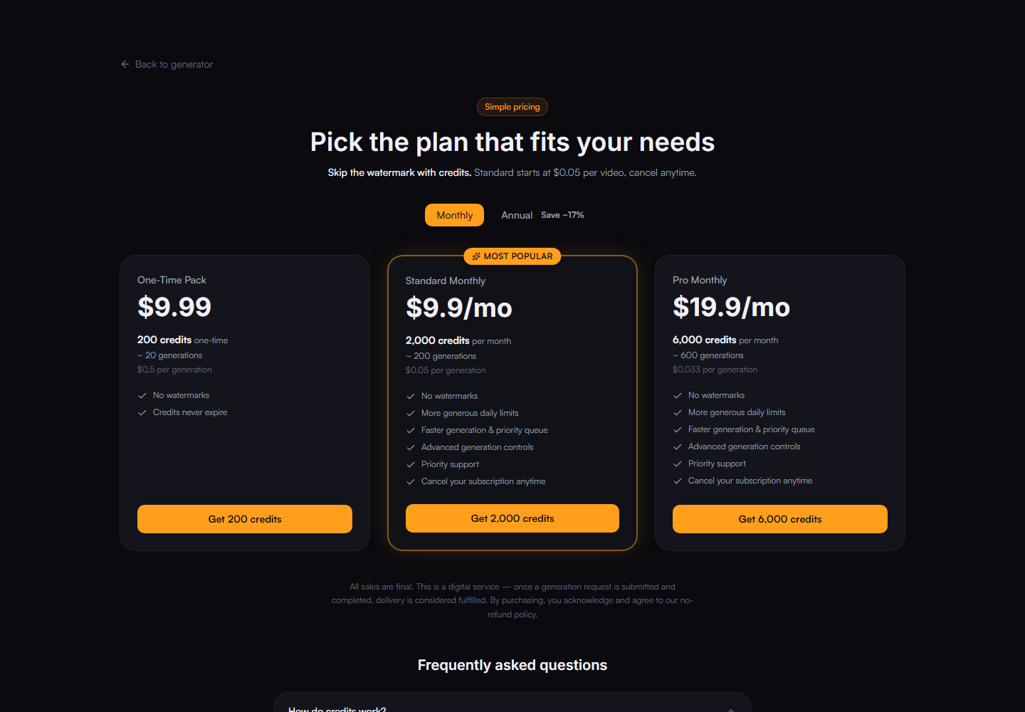 Image to Video AI pricing