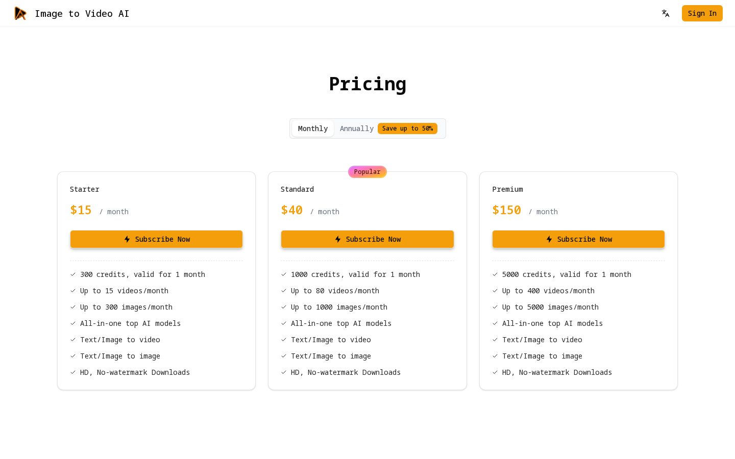 Image to Video Pricing